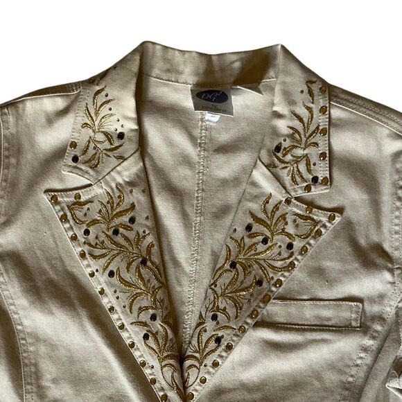 DG2 Diane Gilman Denim Jacket Blazer Gold Embroidered Studded 2 Pockets Size Med - Picture 3 of 8